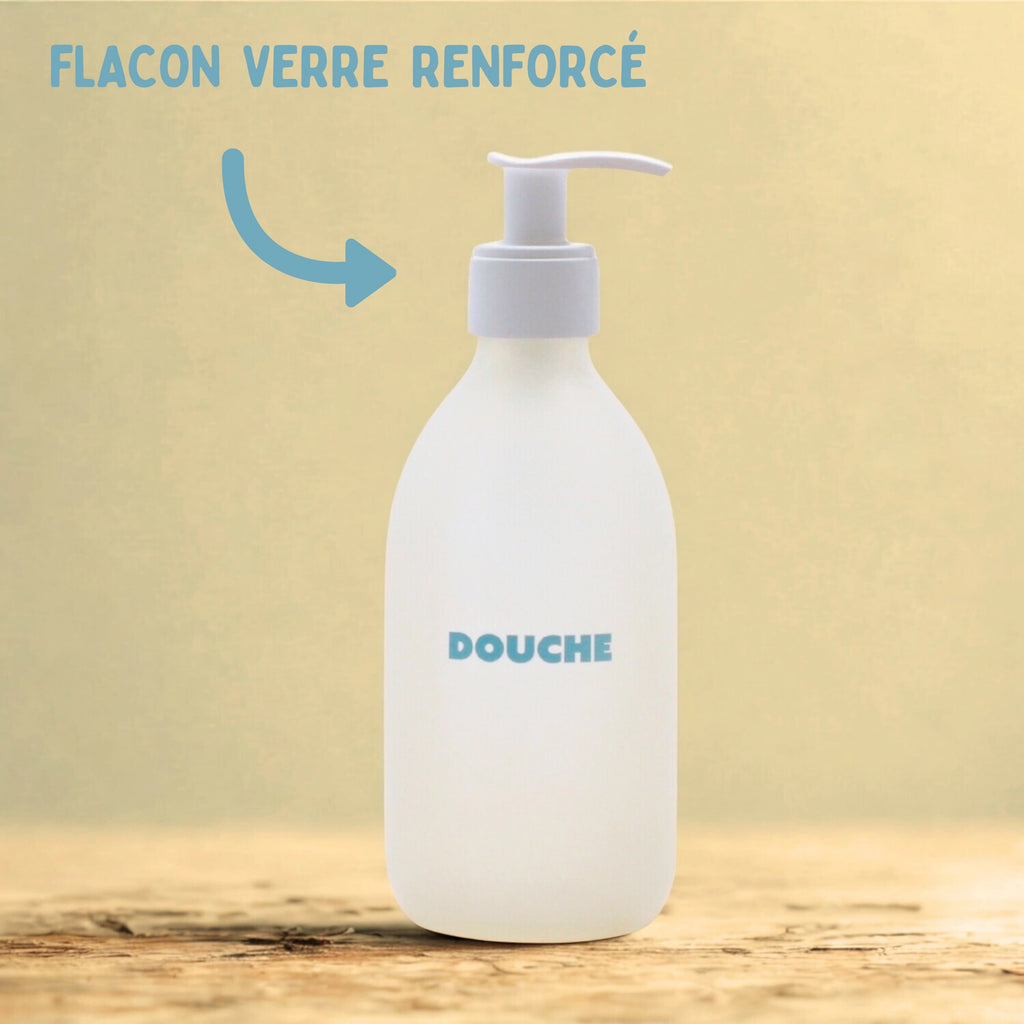 distributeur de savon douche, flacon en verre renforcé réutilisable