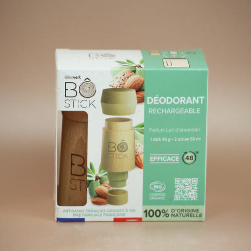 BÔ-STICK Nouvelle formule - Duo applicateur en bois et déodorant solide "lait d'amandier" rechargeable