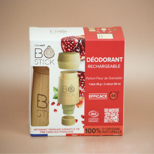 BÔ-STICK Nouvelle formule - Duo applicateur en bois et déodorant solide "fleur de grenadier" boite