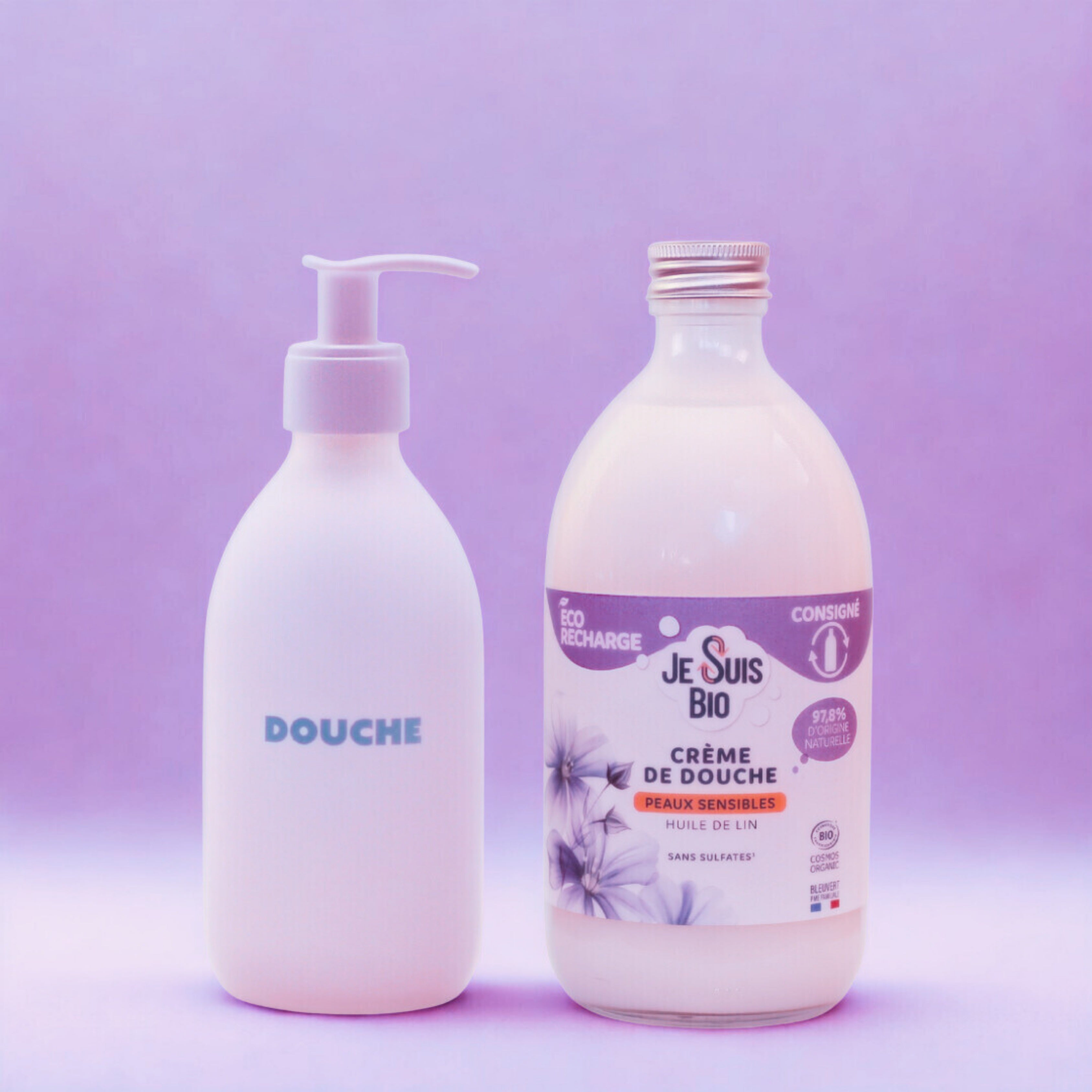 Kit JE SUIS BIO Crème de douche peaux sensibles-huile de lin 500ml + Flacon pompe incassable 250 ml