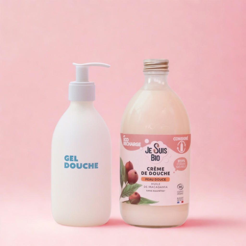 Kit JE SUIS BIO Crème de douche peau douce-huile de macadamia 500ml + Flacon pompe incassable 250 ml