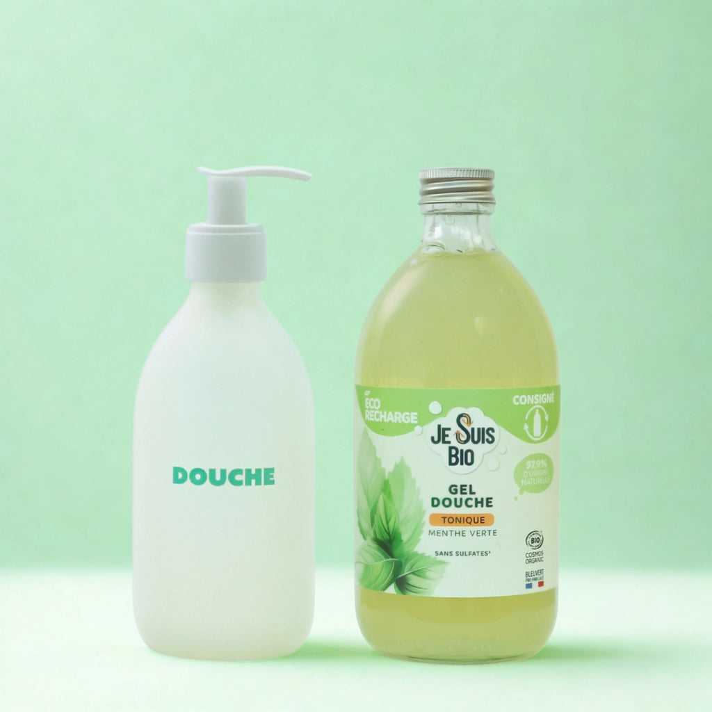 bouteille de savon douche a la menthe verte, flacon en verre renforcé réutilisable
