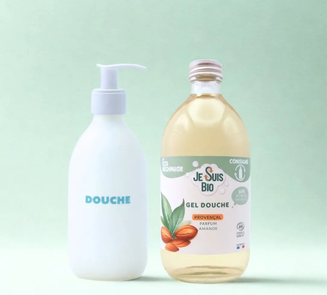 Kit JE SUIS BIO Ecorecharge gel douche provençal - Parfum Amande 500ml Cosmos Organic + Flacon incassable 250 ml