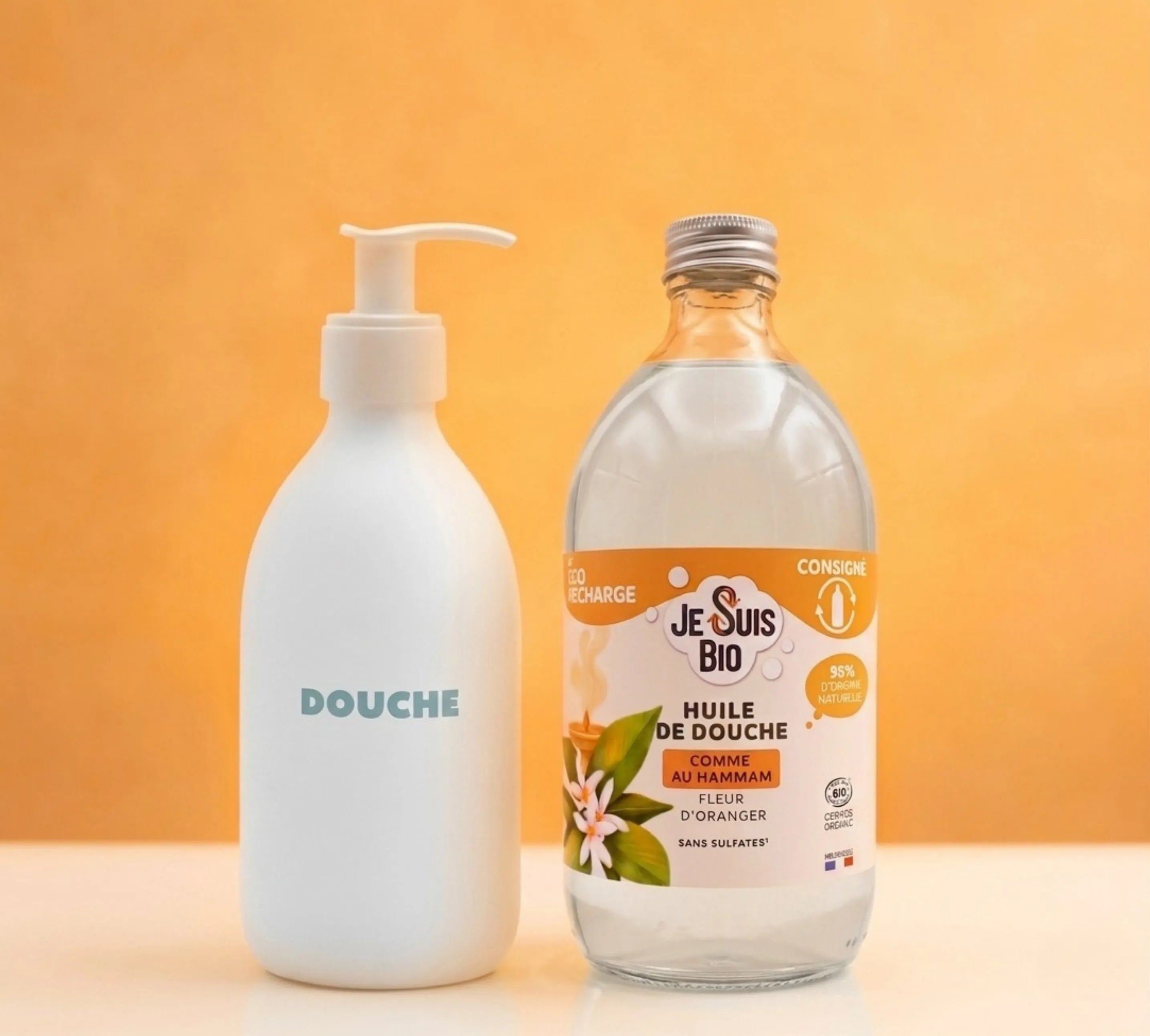 Kit JE SUIS BIO Éco-recharge Huile de Douche Comme au Hammam Fleur d'Oranger 500ml Cosmos Organic + Flacon Incassable 250ml
