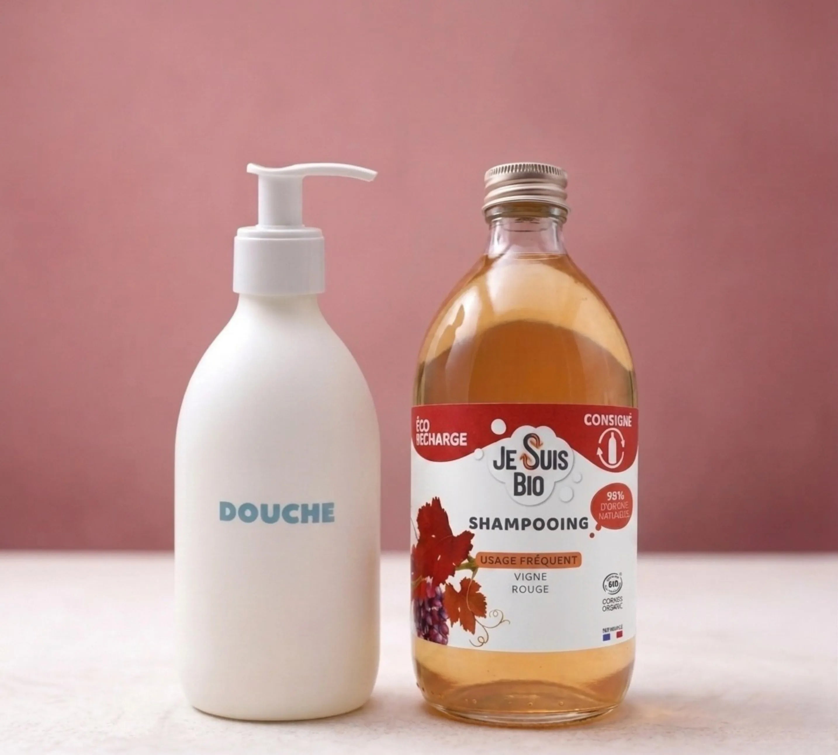 Kit JE SUIS BIO Ecorecharge Shampooing Usage Fréquent - Vigne Rouge 500ml Cosmos Organic + Flacon incassable 250 ml